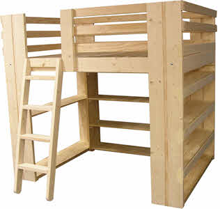 A custom loft bed with lots of shelving for storage.