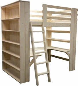 A custom loft bed with lots of shelving for storage.